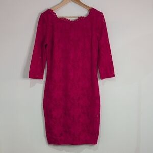 Le Chateau Pink Lace 3/4 length sleeve midi bodycon Dress size M. NWOT